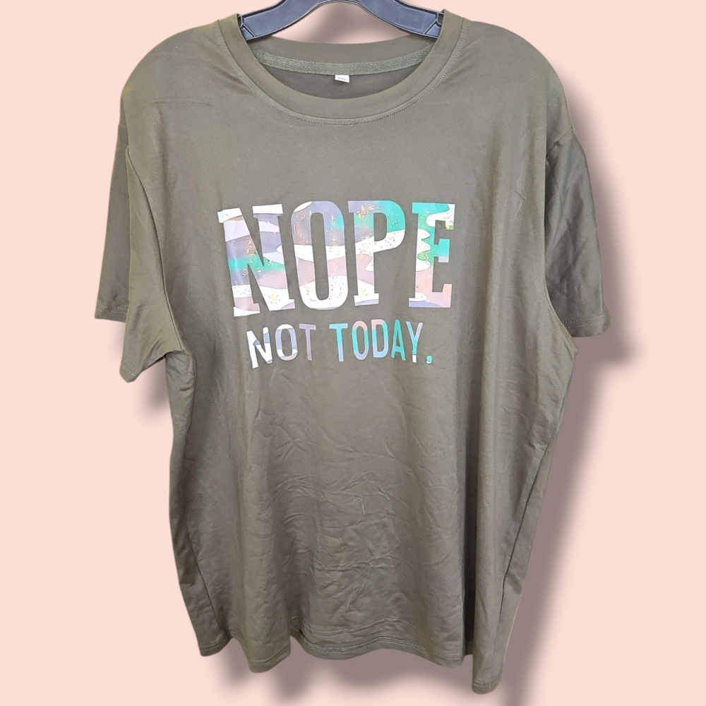 🚨SOLD🚨 Nope Not Today Green Camp Print Graphic Tee New - Picture 2 of 3